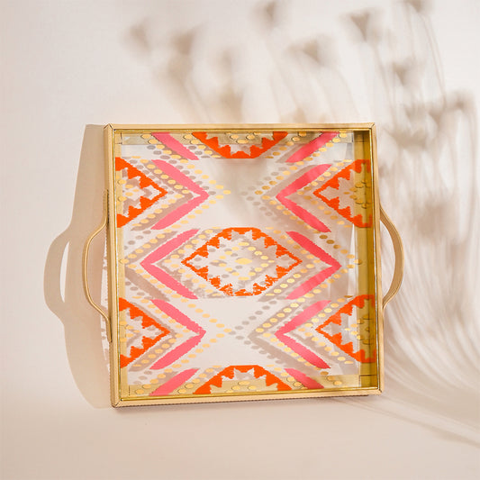 Shamiyana Print Glass Leatherette Square Tray  | Ivory