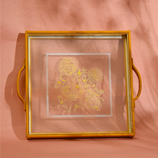 Mustard Iris Print Glass Leatherette Square Tray | Yellow