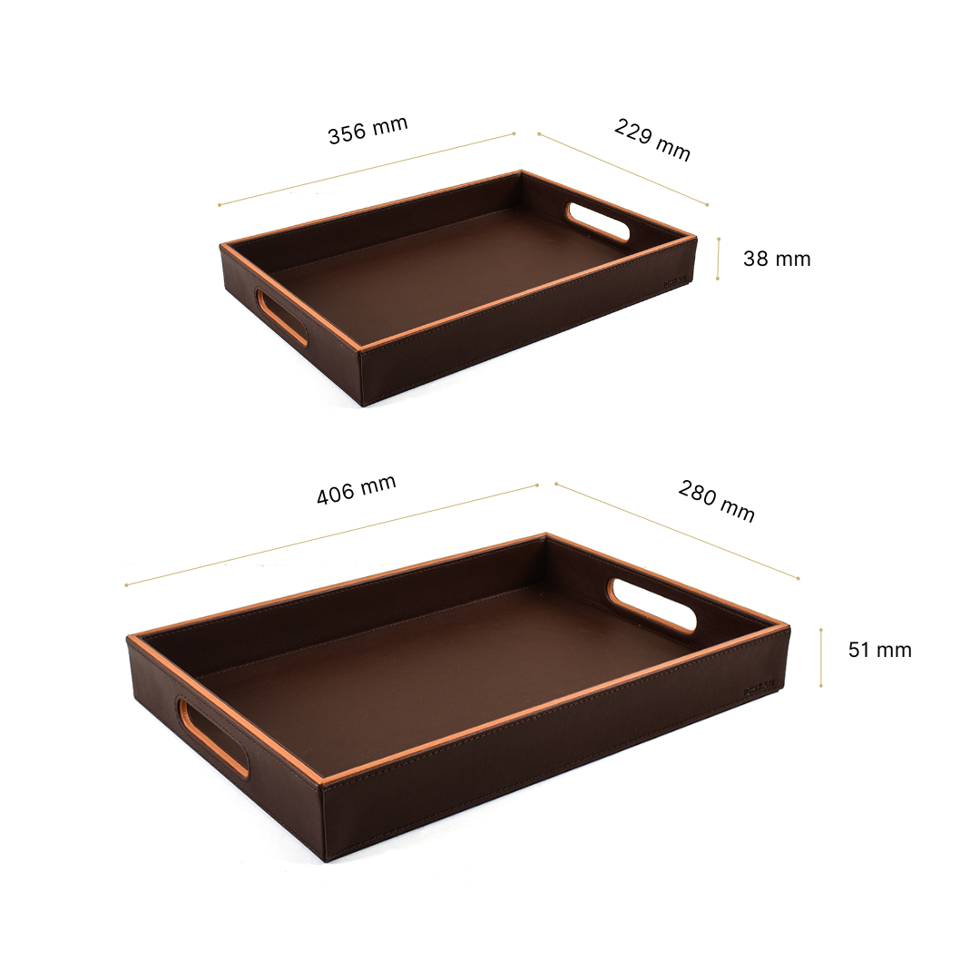 Leatherette Rectangle Serving Tray Set of 2 | Dark Brown | Axis 2.0