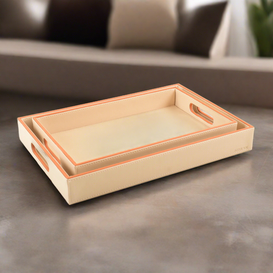 Leatherette Rectangle Serving Tray Set of 2 | Beige | Axis 2.0 ICHKAN