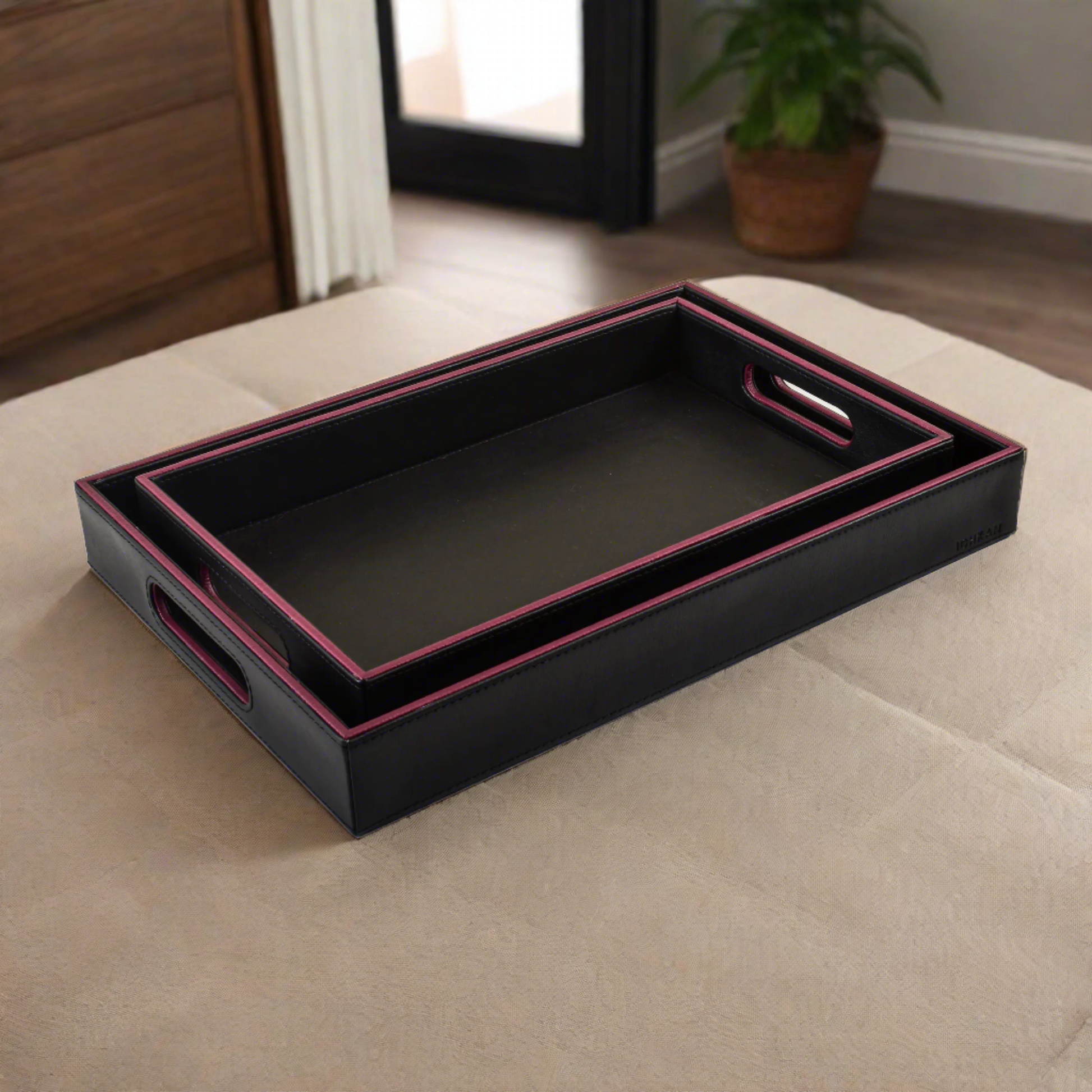 Leatherette Rectangle Serving Tray Set of 2 | Black | Axis 2.0 ICHKAN