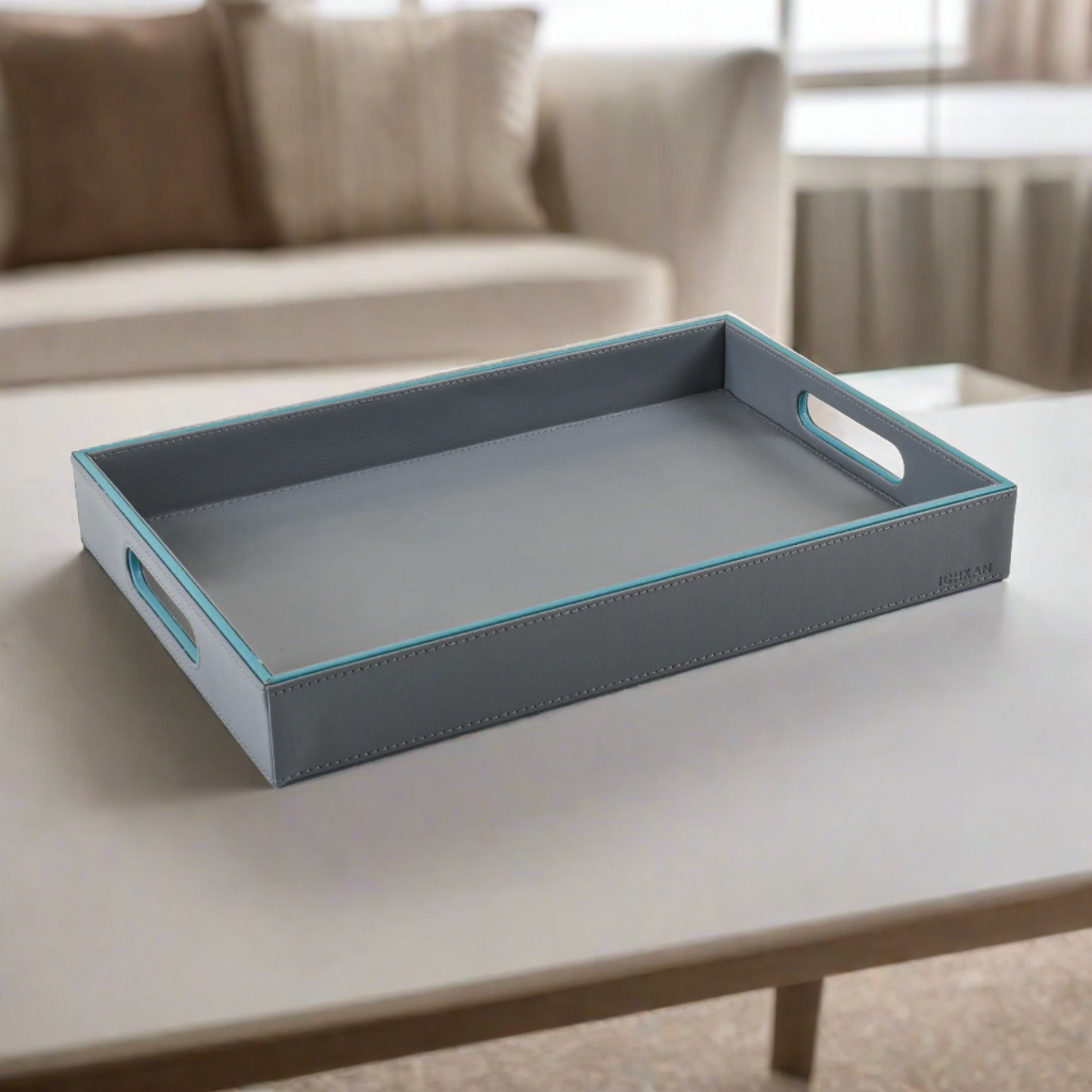 Leatherette Rectangle Serving Tray Small | Grey | Axis 2.0 ICHKAN