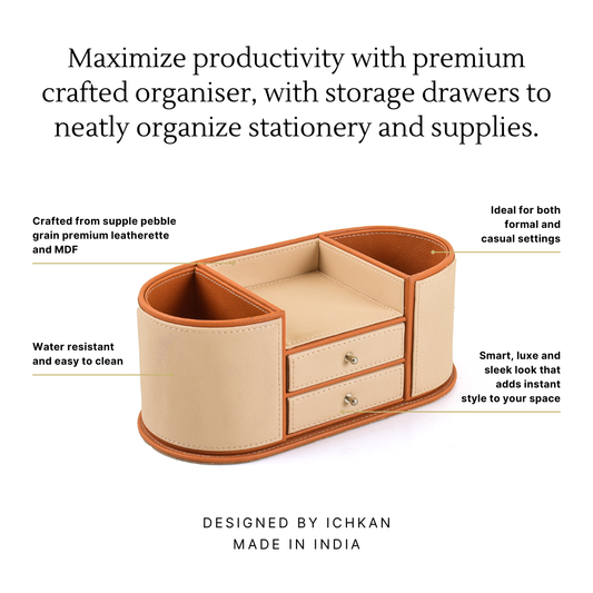 Leatherette Office Table Organiser with Storage Drawers | Beige | Axis 2.0