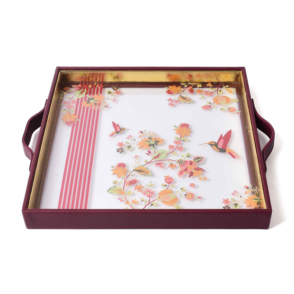 Bloom Print Glass Leatherette Square Tray