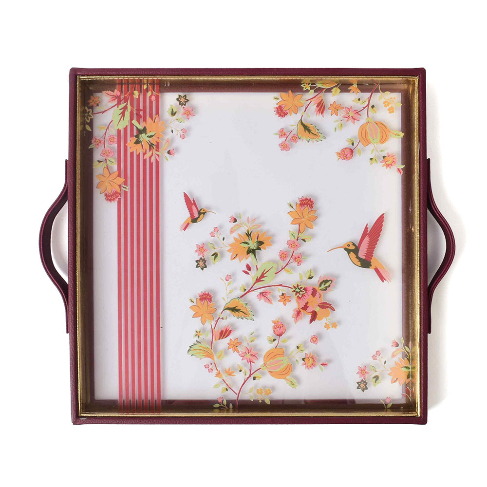 Bloom Print Glass Leatherette Square Tray