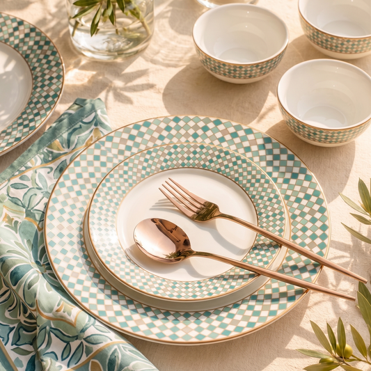 A styled table setting with layered ceramic plates featuring a teal and white checkered pattern with gold trim, accompanied by matching bowls, a floral napkin, and rose gold cutlery on a cream tablecloth with greenery and lemon accents.