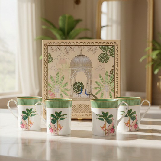 Set of four ceramic mugs with decorative designs on a table, accompanied by a framed artwork.