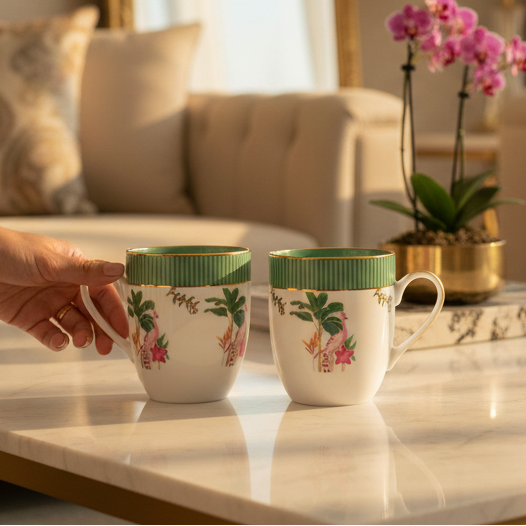 Two decorative mugs with floral patterns on a marble surface, with a blurred indoor setting in the background.
