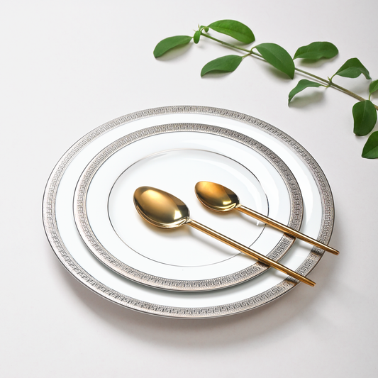 Porcelain Dinner Set 41pc | Platinum | Greek Key Platinum ICHKAN by Day To Day