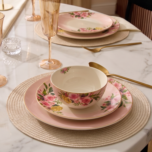 A styled dining table setting featuring a pink and white floral porcelain dinnerware set with matching pink plates, gold-toned cutlery, amber-tinted glass goblets, woven placemats, and a cream marble tabletop.