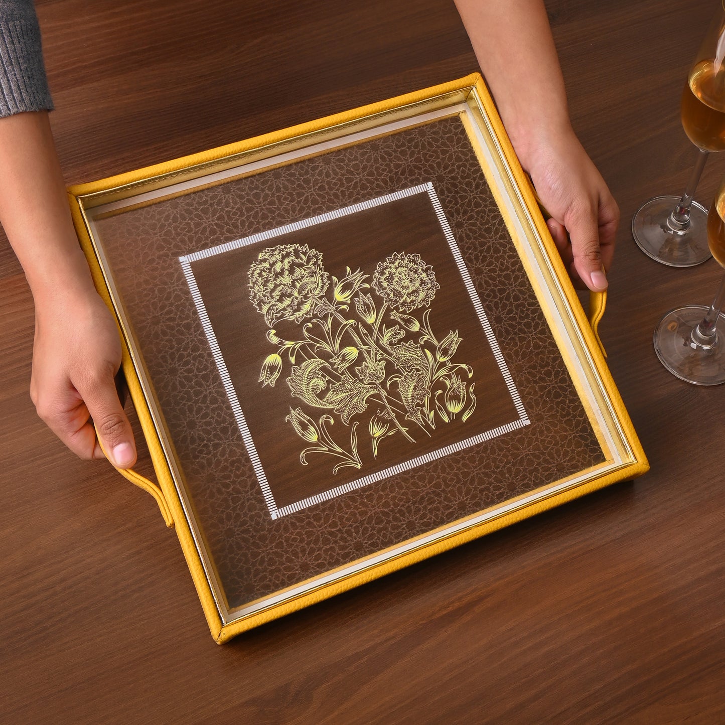 Mustard Iris Print Glass Leatherette Square Tray | Yellow