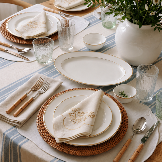A beautifully styled table setting featuring white ceramic plates with gold trim, woven brown placemats, striped blue and white tablecloths, and a large white vase filled with green foliage.