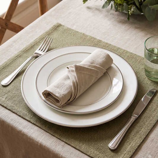 A styled table setting featuring a place setting with a white ceramic dinner plate stack, a beige linen napkin, a green woven placemat, silver flatware, and a glass of water on a beige tablecloth.