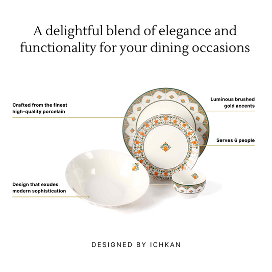 High-quality porcelain dinnerware set with gold accents, designed by Ichkan. Dinner Set Infographics | Multicoloured | Jashn | ICHKAN by Day To Day
