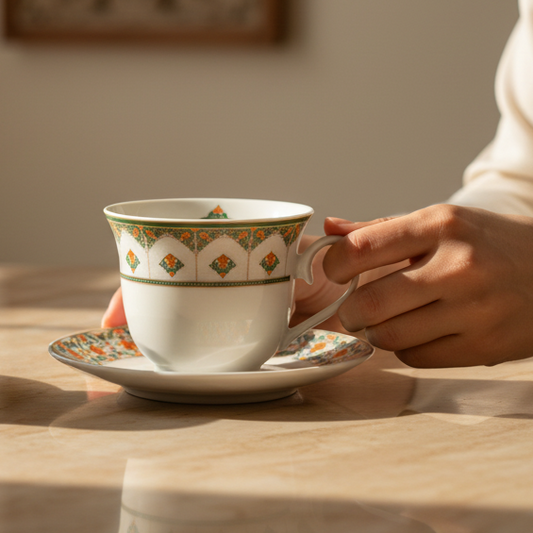 A hand holding a white ceramic teacup and saucer set with a green, orange, and gold geometric pattern, set on a wooden table in warm natural light.