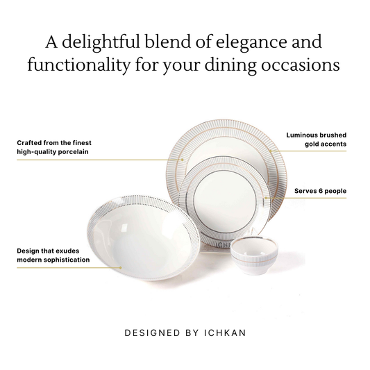 Dining set with gold accents on a white background, featuring text about quality and design. Dinner Set Infographics | Grey | Monarchy Grey | ICHKAN by Day To Day