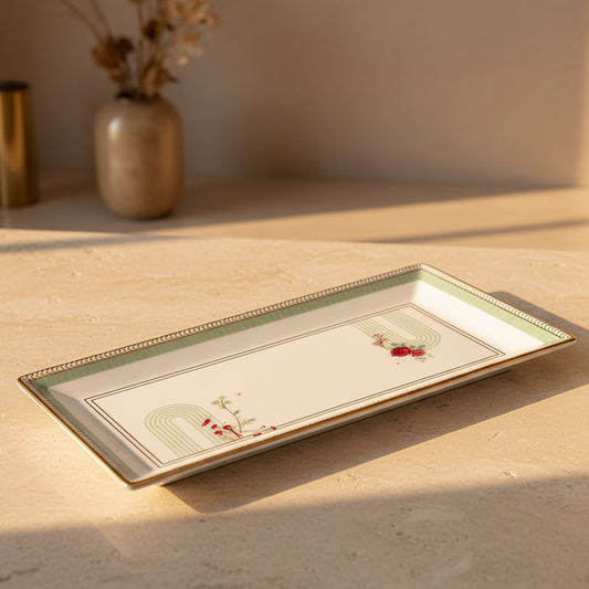 Decorative tray with floral design on a wooden surface