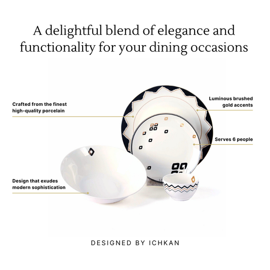 Dining set with text highlighting features on a white background. Dinner Set Infographics | Black | Qalla | ICHKAN by Day To Day