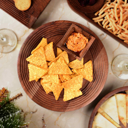 Wooden Round Platter with Square Dip Bowl | Brown | Stepwell ICHKAN by Day To Day