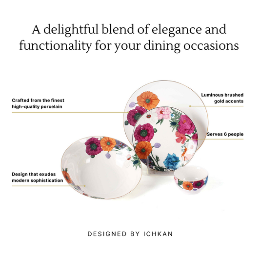 Floral porcelain plates with gold accents on a white background, featuring text about the product. Dinner Set Infographics | Multicoloured | Secret Garden | ICHKAN by Day To Day