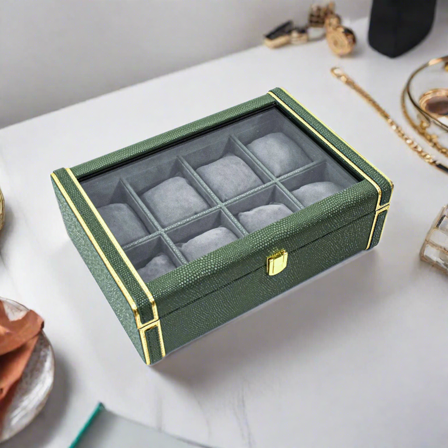 Leatherette Watch Storage and Organiser Box 8 Partition | Olive Green | Serpentine Ichkan