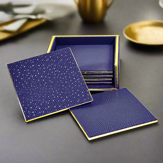 Leatherette Square Coasters Set of 6 | Blue | Serpentine Ichkan