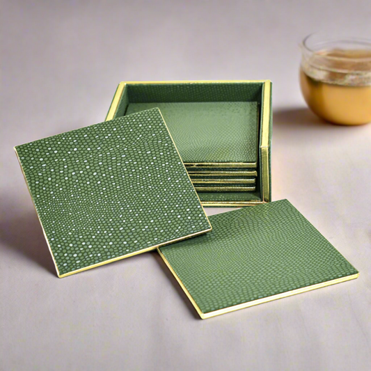 Leatherette Square Coasters Set of 6 | Olive Green | Serpentine Ichkan