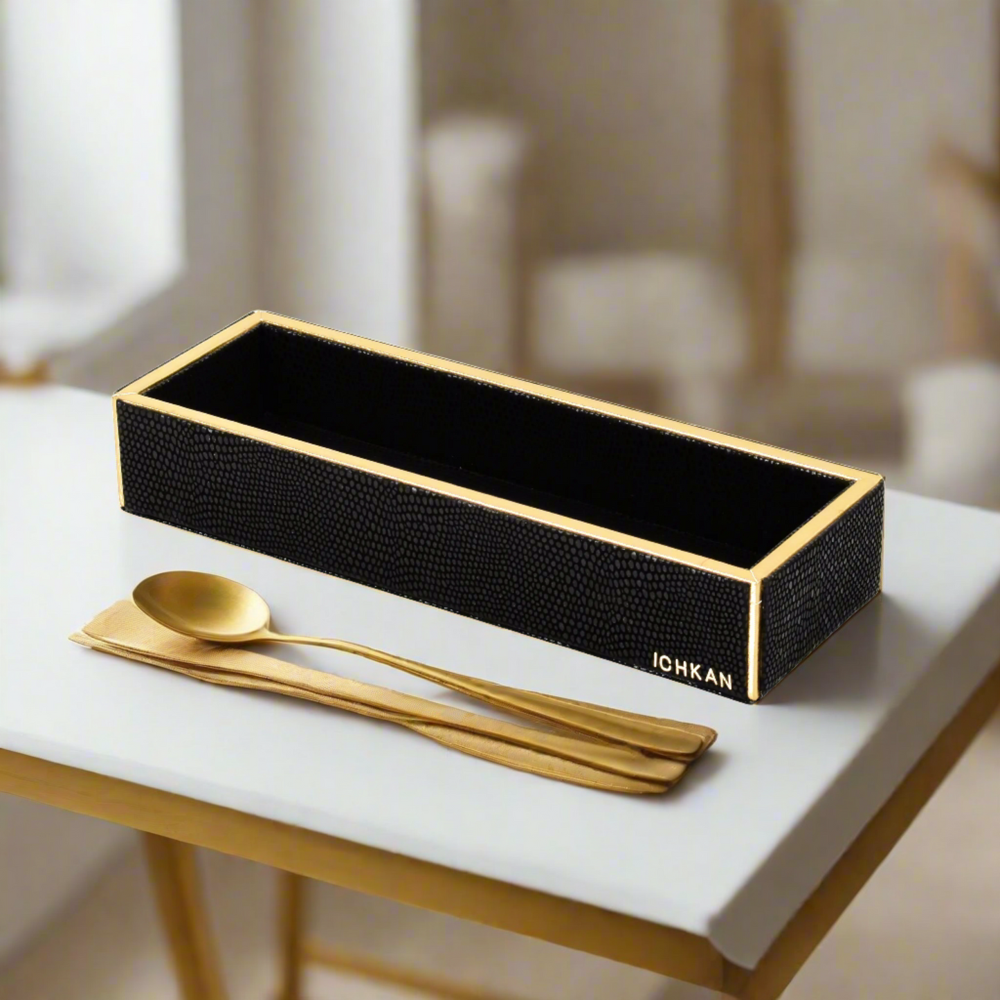Leatherette Rectangle Long Cutlery Tray | Black | Serpentine Ichkan
