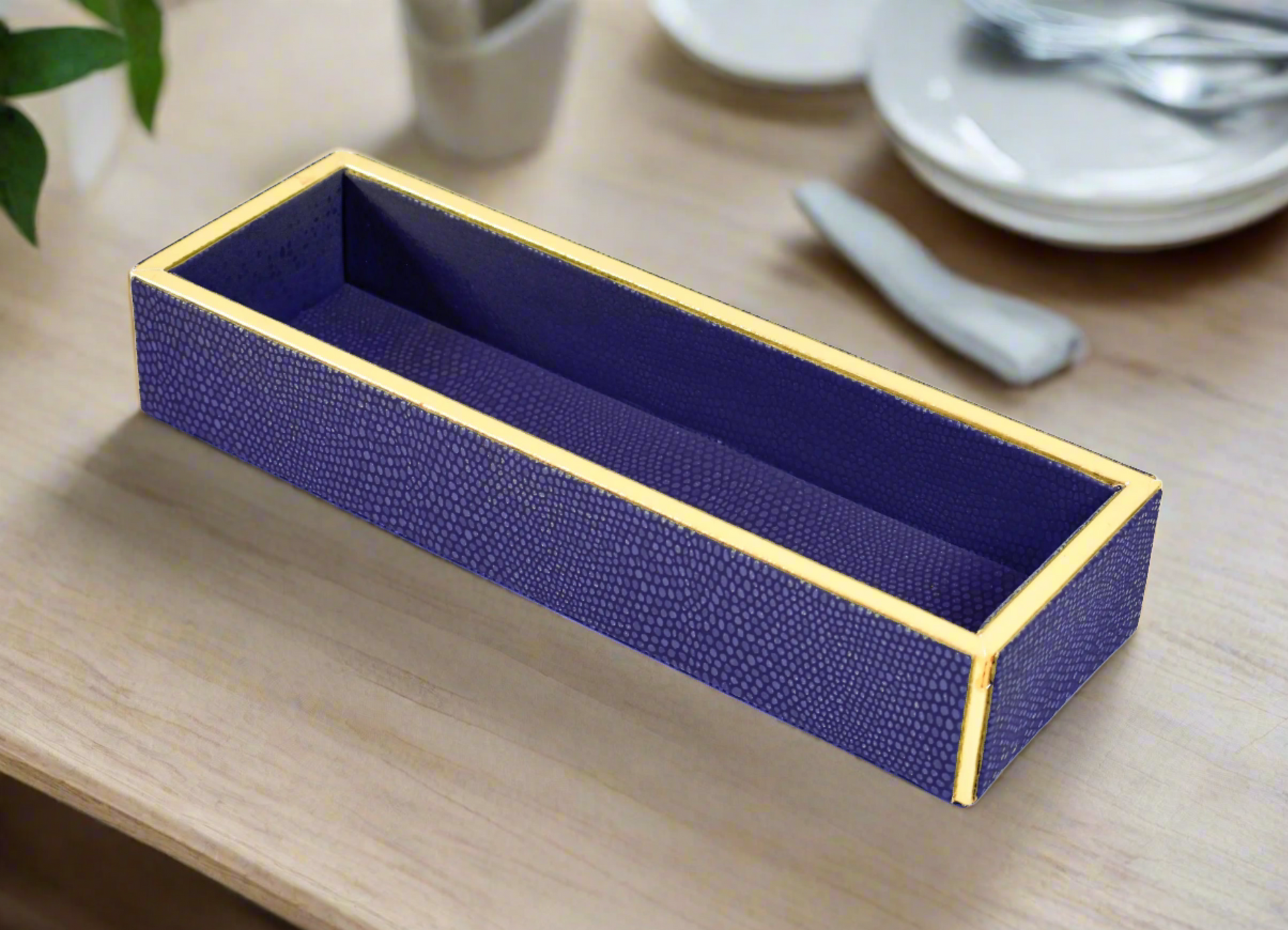 Leatherette Rectangle Long Cutlery Tray | Blue | Serpentine Ichkan