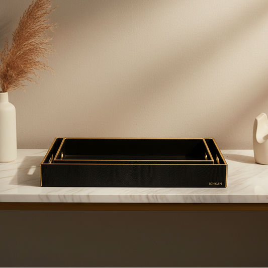 Leatherette Rectangle Serving Tray Set of 2 | Black | Serpentine Ichkan