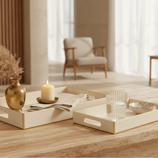 Decorative setting with trays, candle, and glass on a wooden surface in a softly lit room.