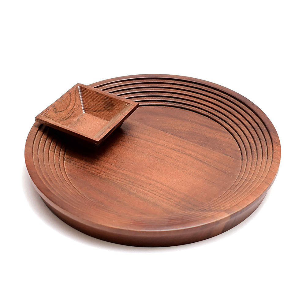 Wooden Round Platter with Square Dip Bowl | Brown | Stepwell ICHKAN by Day To Day