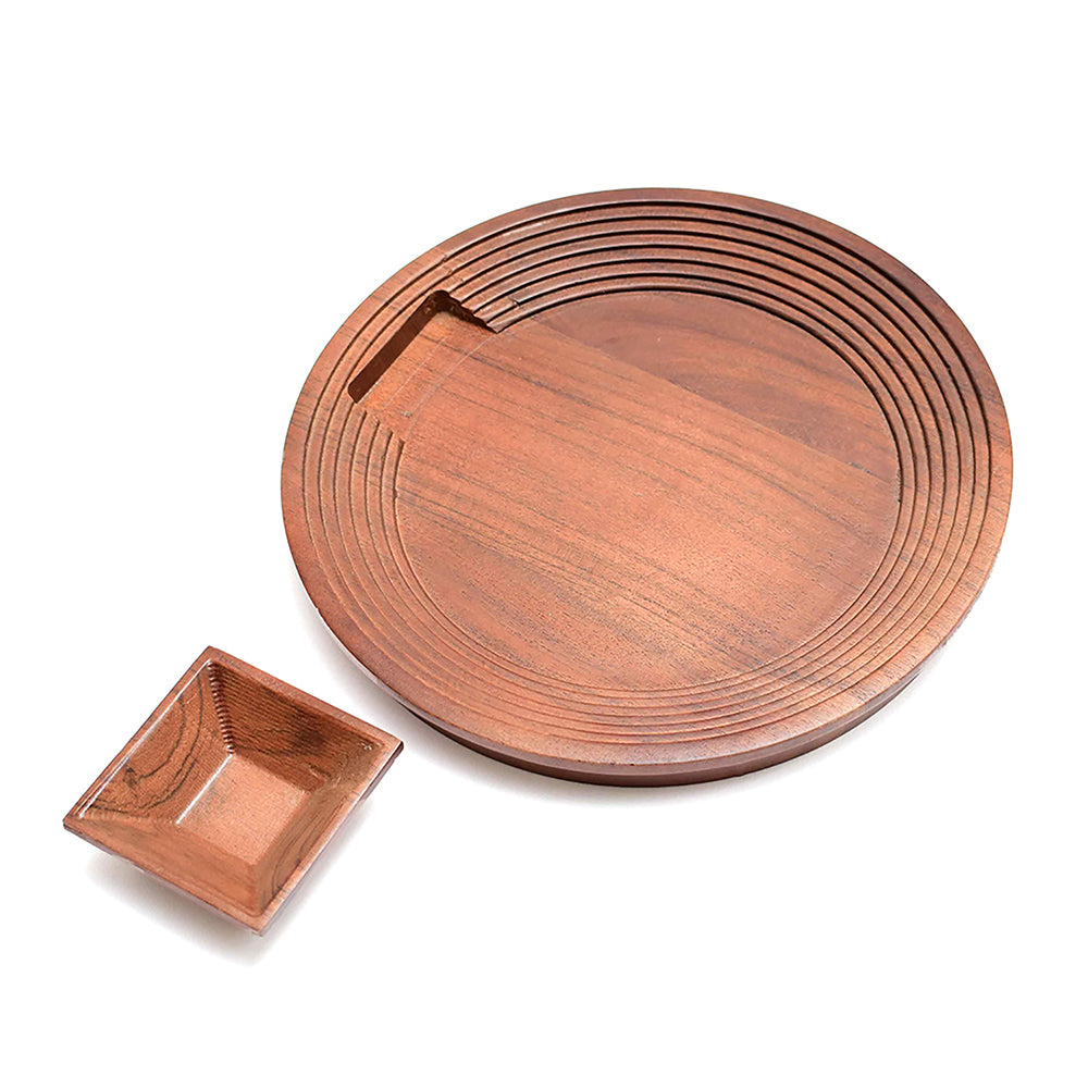 Wooden Round Platter with Square Dip Bowl | Brown | Stepwell ICHKAN by Day To Day