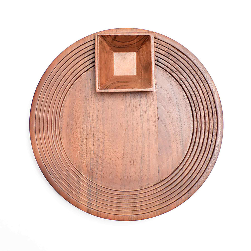 Wooden Round Platter with Square Dip Bowl | Brown | Stepwell ICHKAN by Day To Day