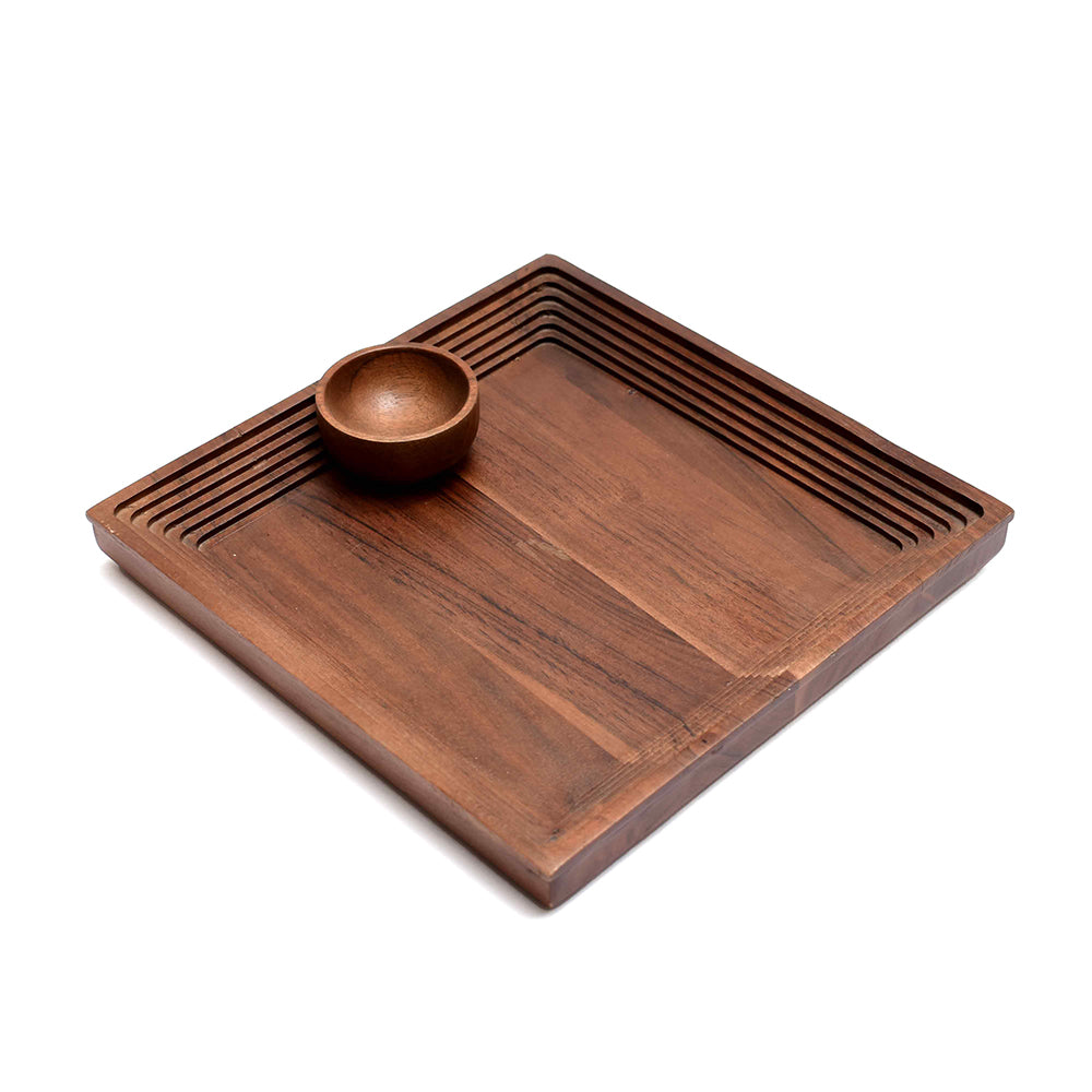 Wooden Square Platter with Round Dip Bowl | Brown | Stepwell ICHKAN by Day To Day