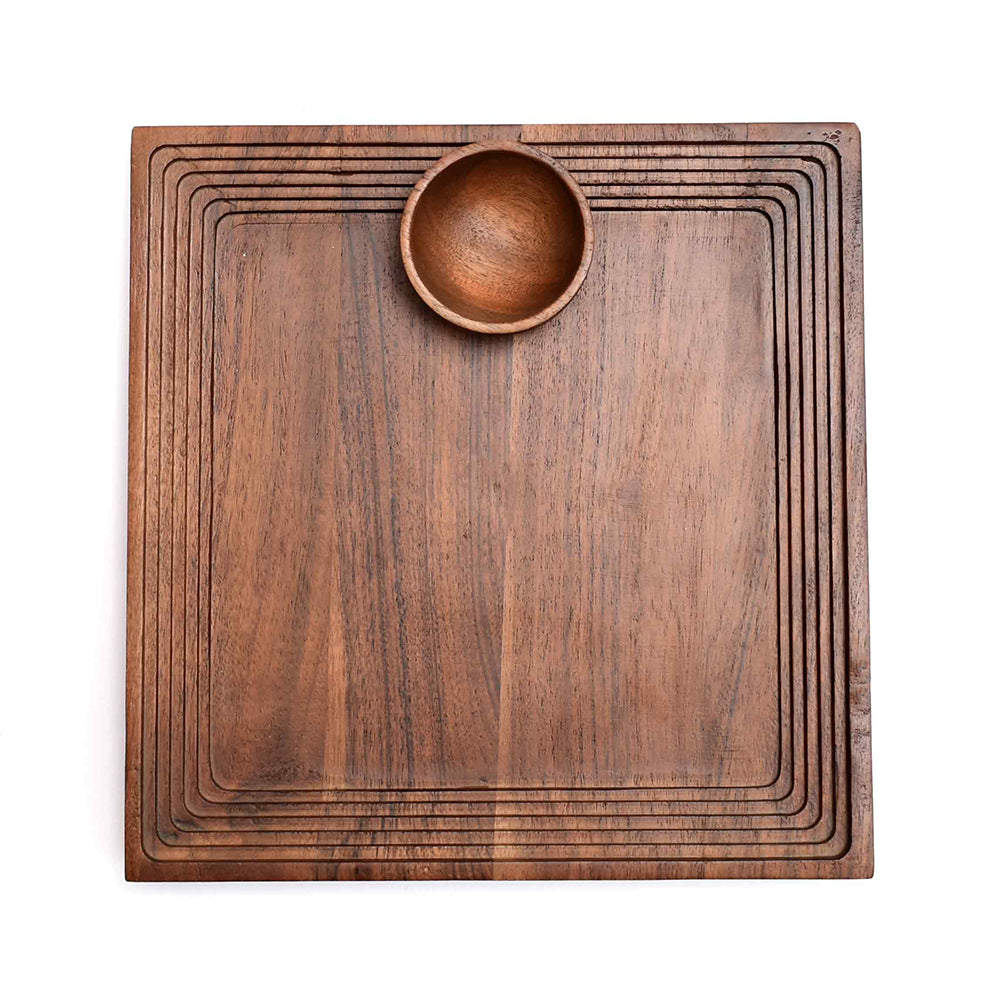 Wooden Square Platter with Round Dip Bowl | Brown | Stepwell ICHKAN by Day To Day