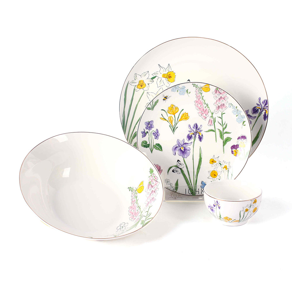 Set of ceramic bowls with floral designs on a white background. Dinner Set | Multicolored | Tarang | ICHKAN by Day To Day