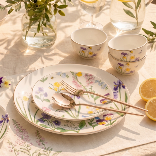A styled table setting with floral ceramic dishes, bowls, cups, and a glass pitcher on a cream tablecloth. The set includes purple, yellow, and green flower patterns, with decorative leaves, flowers, and lemon slices arranged around it in warm natural light.