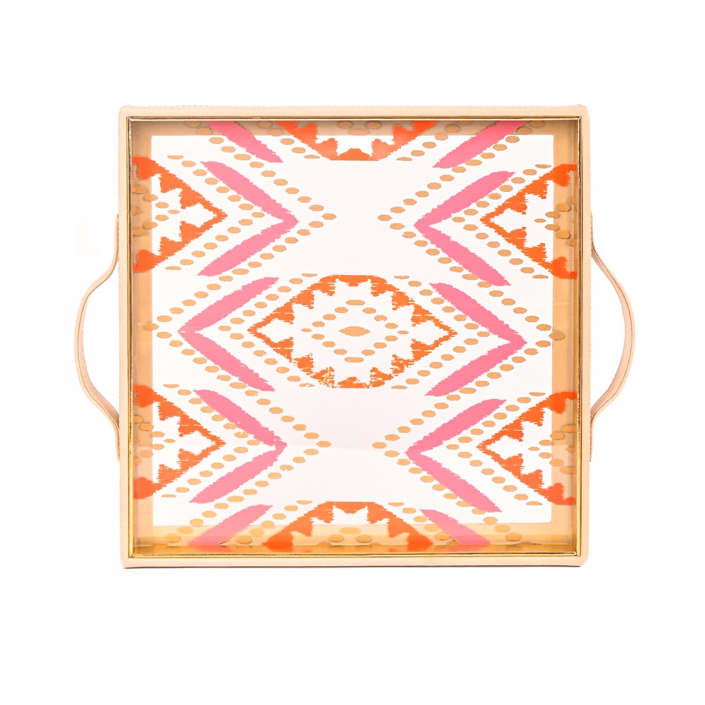 Shamiyana Print Glass Leatherette Square Tray | Ivory
