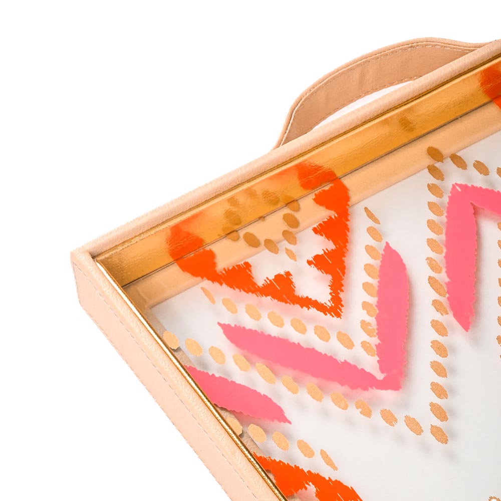 Shamiyana Print Glass Leatherette Square Tray | Ivory