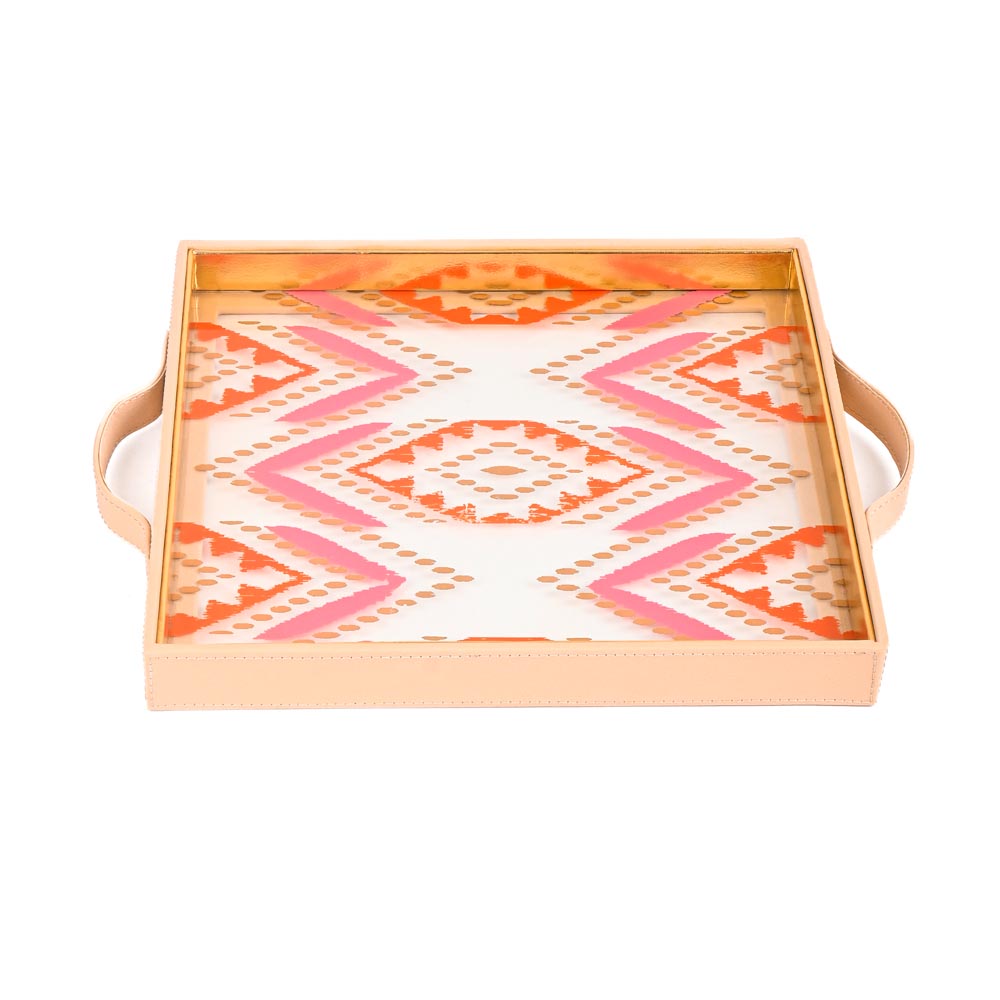 Shamiyana Print Glass Leatherette Square Tray | Ivory