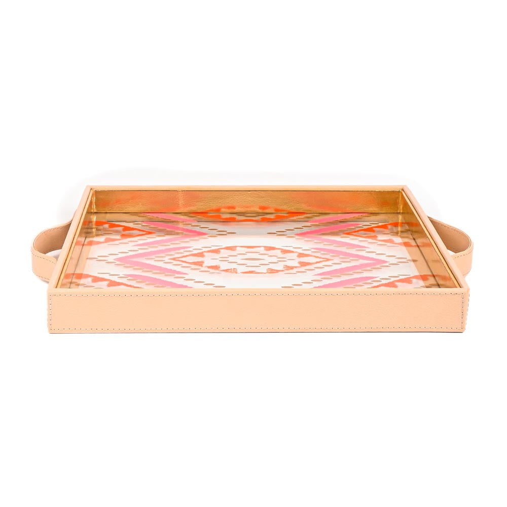 Shamiyana Print Glass Leatherette Square Tray | Ivory