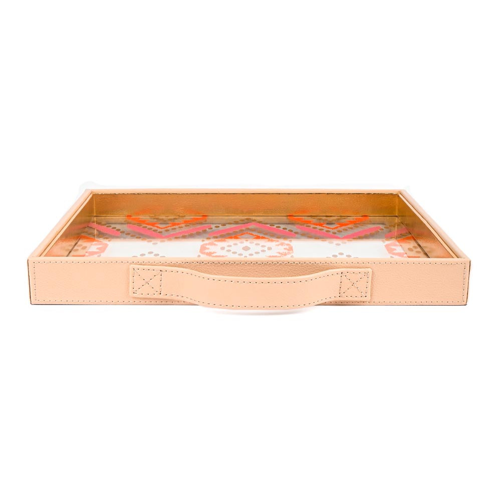 Shamiyana Print Glass Leatherette Square Tray | Ivory