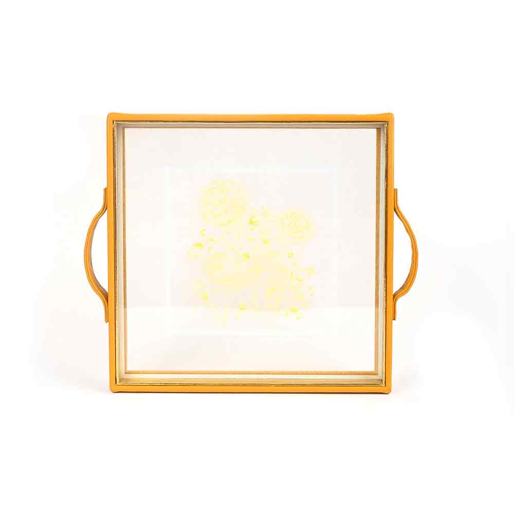 Mustard Iris Print Glass Leatherette Square Tray | Yellow
