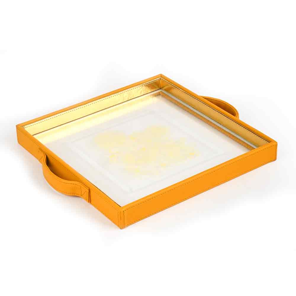 Mustard Iris Print Glass Leatherette Square Tray | Yellow