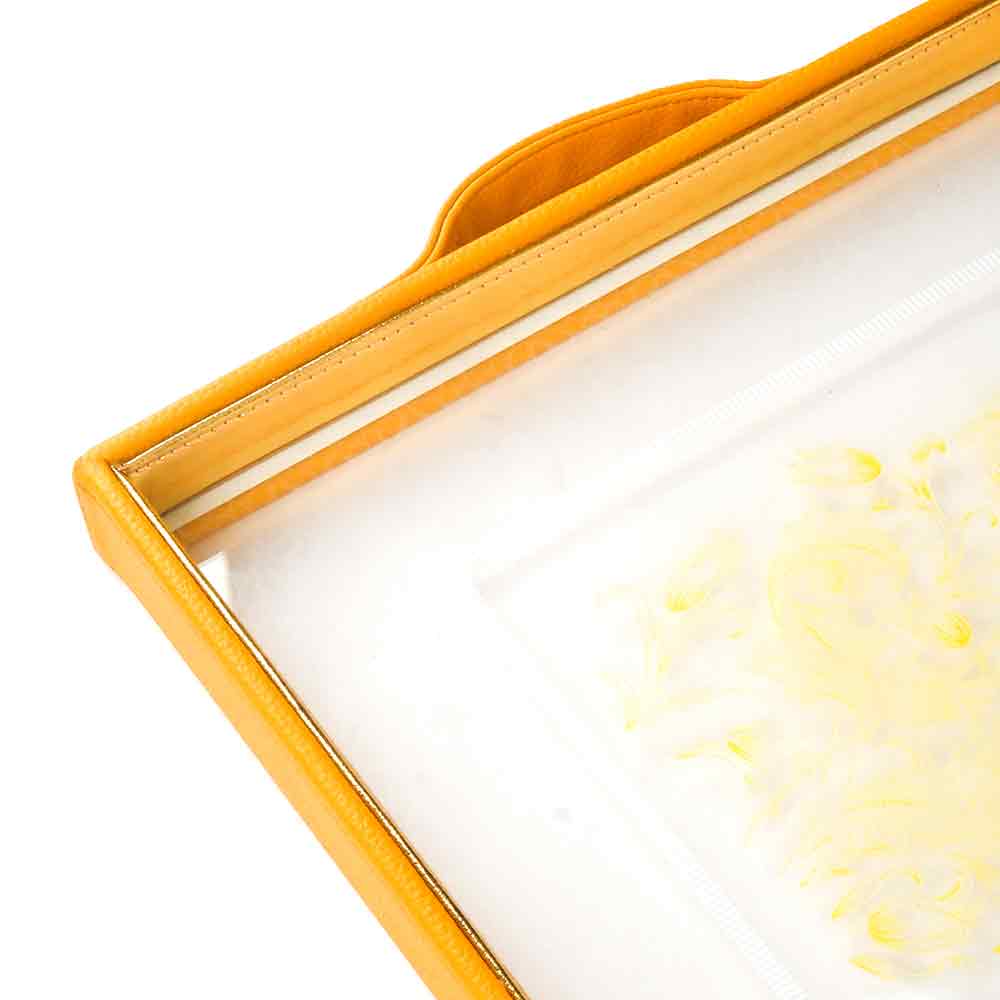 Mustard Iris Print Glass Leatherette Square Tray | Yellow