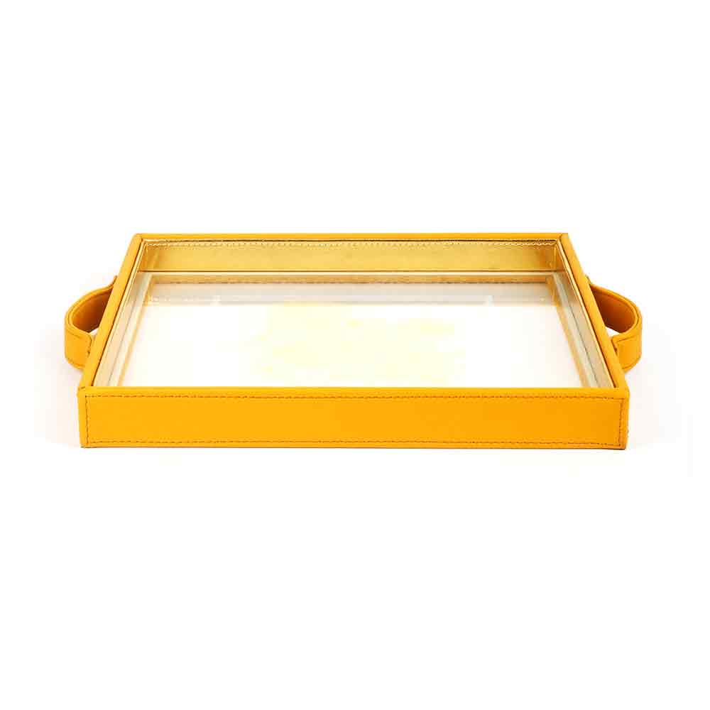 Mustard Iris Print Glass Leatherette Square Tray | Yellow