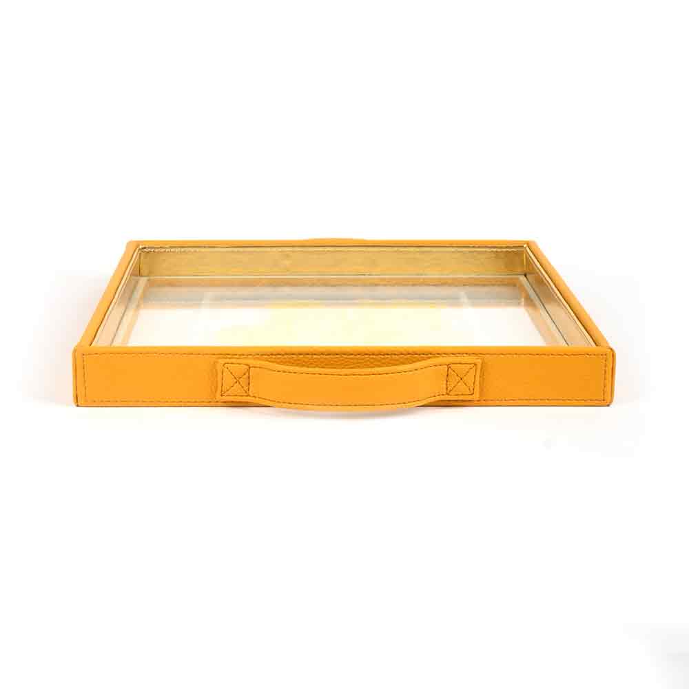 Mustard Iris Print Glass Leatherette Square Tray | Yellow