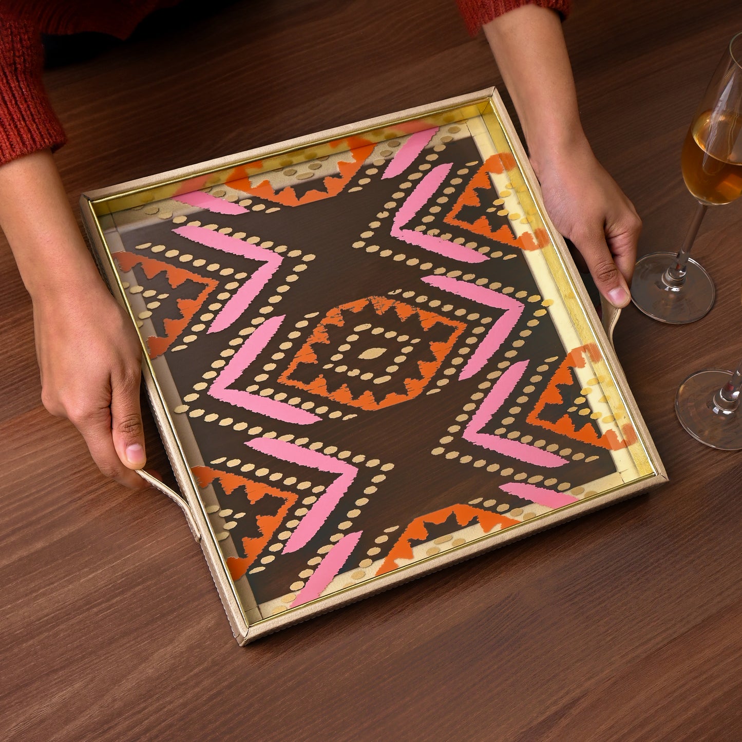 Shamiyana Print Glass Leatherette Square Tray | Ivory