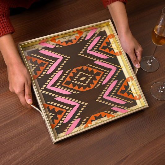 Shamiyana Print Glass Leatherette Square Tray  | Ivory